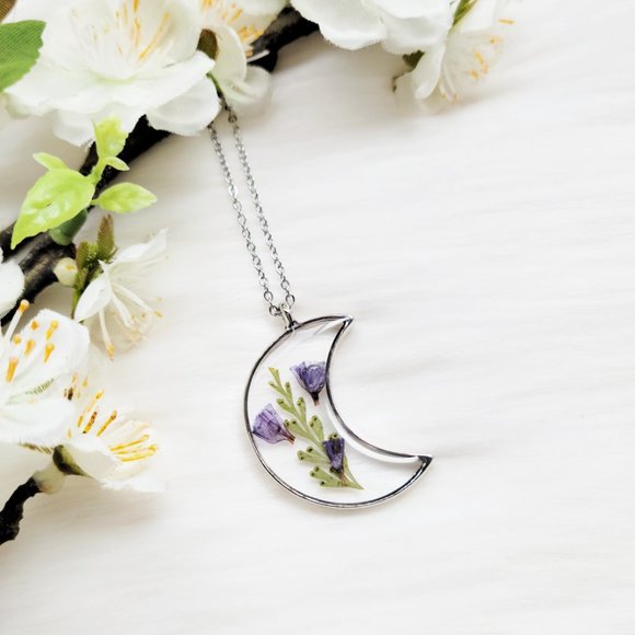 Lovely Lotus Jewelry - !!!SOLD!!! Pressed Dried Flower Half Moon Necklace
